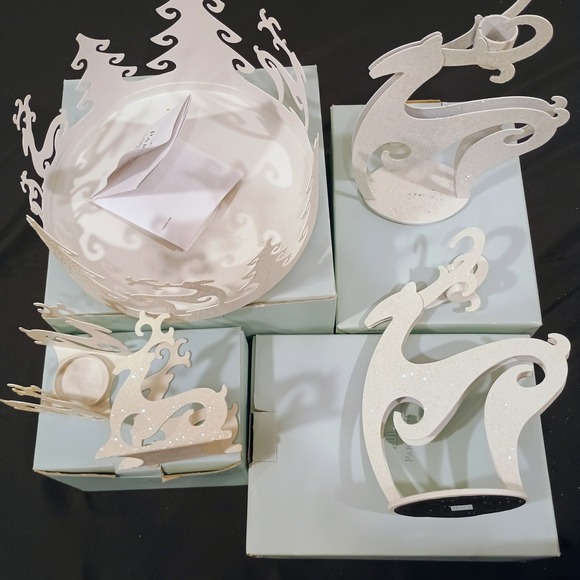 PartyLite Winter Reindeer Candle Holder Set White Glitter 5 Piece Holiday Decor - Picture 2 of 5